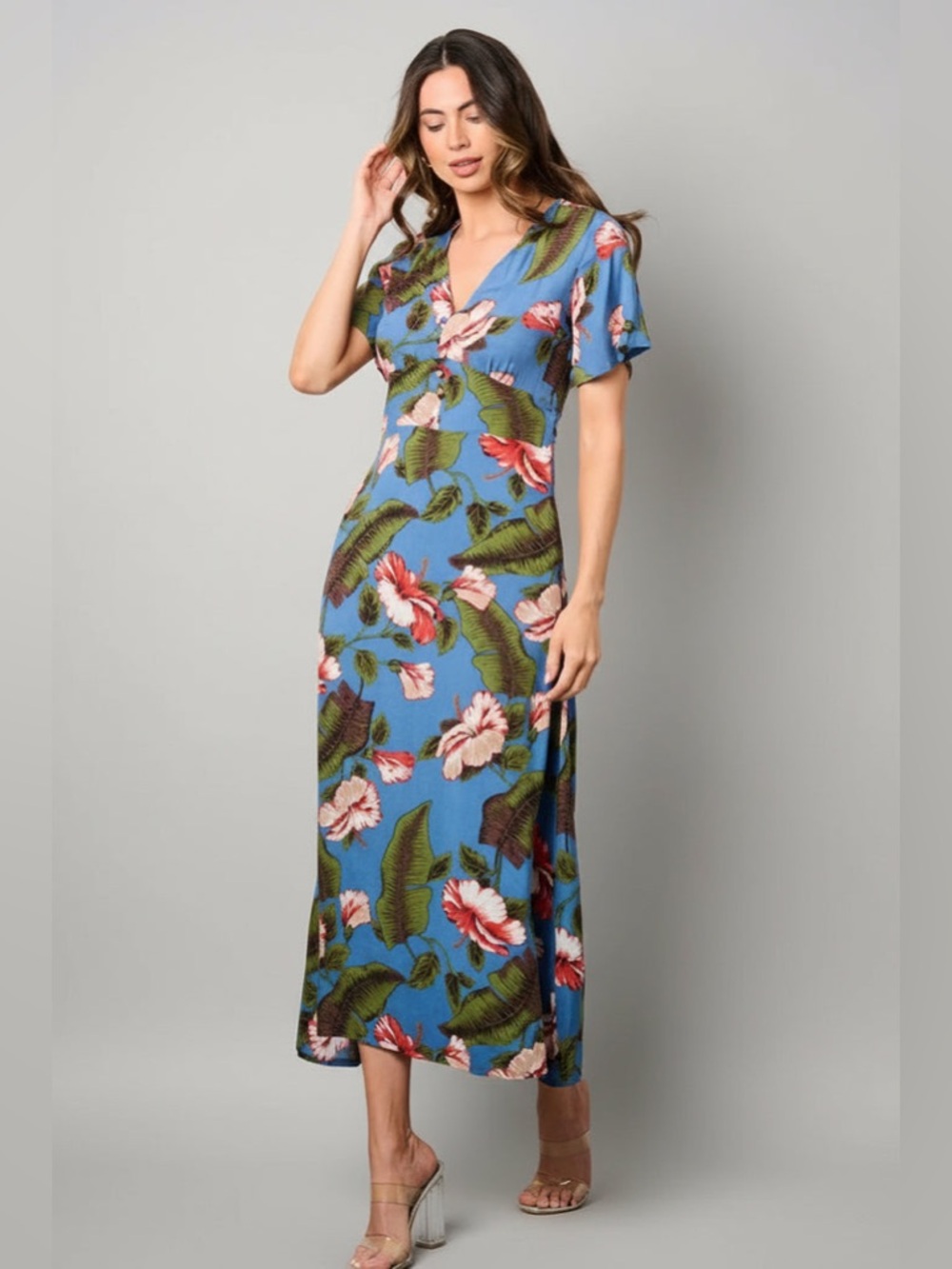 Blue Tropical Hibiscus Floral Midi Dress